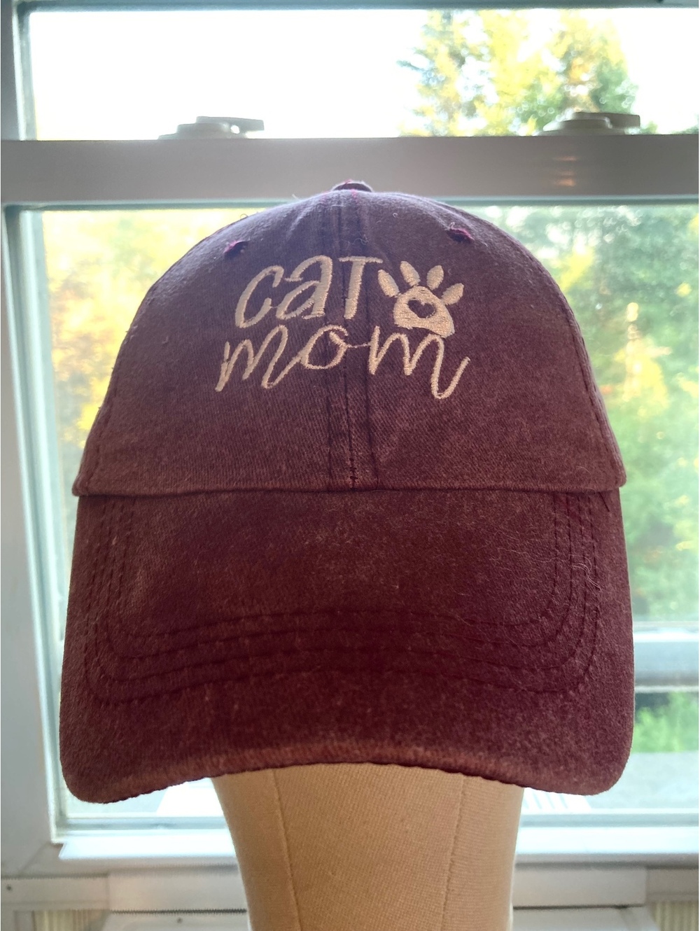 Cat Mom Embroidered Burgundy Baseball Cap Adjustable Washed Distressed